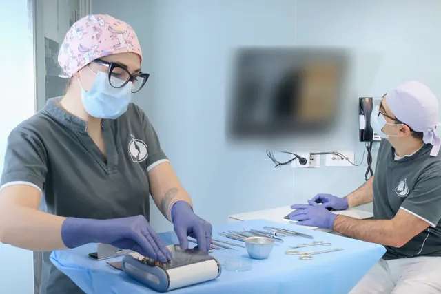 Un'assistente prepara gli strumenti sul vassoio sterile, un collega alla scrivania